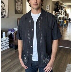 CUBAVERA Men’s Size XXL Button Shirt Embroidered Stitch Black Wrinkle Resistant